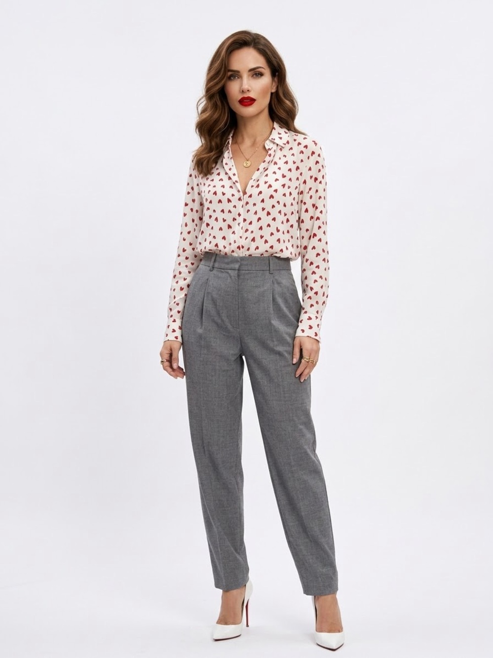 ZARA Red Heart Print Long Sleeve Button Down Shirt - Size Small